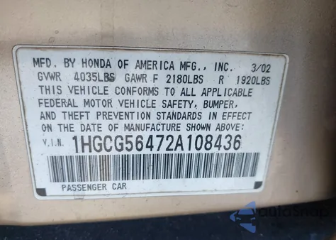 2002 Honda Accord 2.3 Lx z USA, uszkodzony, nr VIN 1HGCG56472A108436